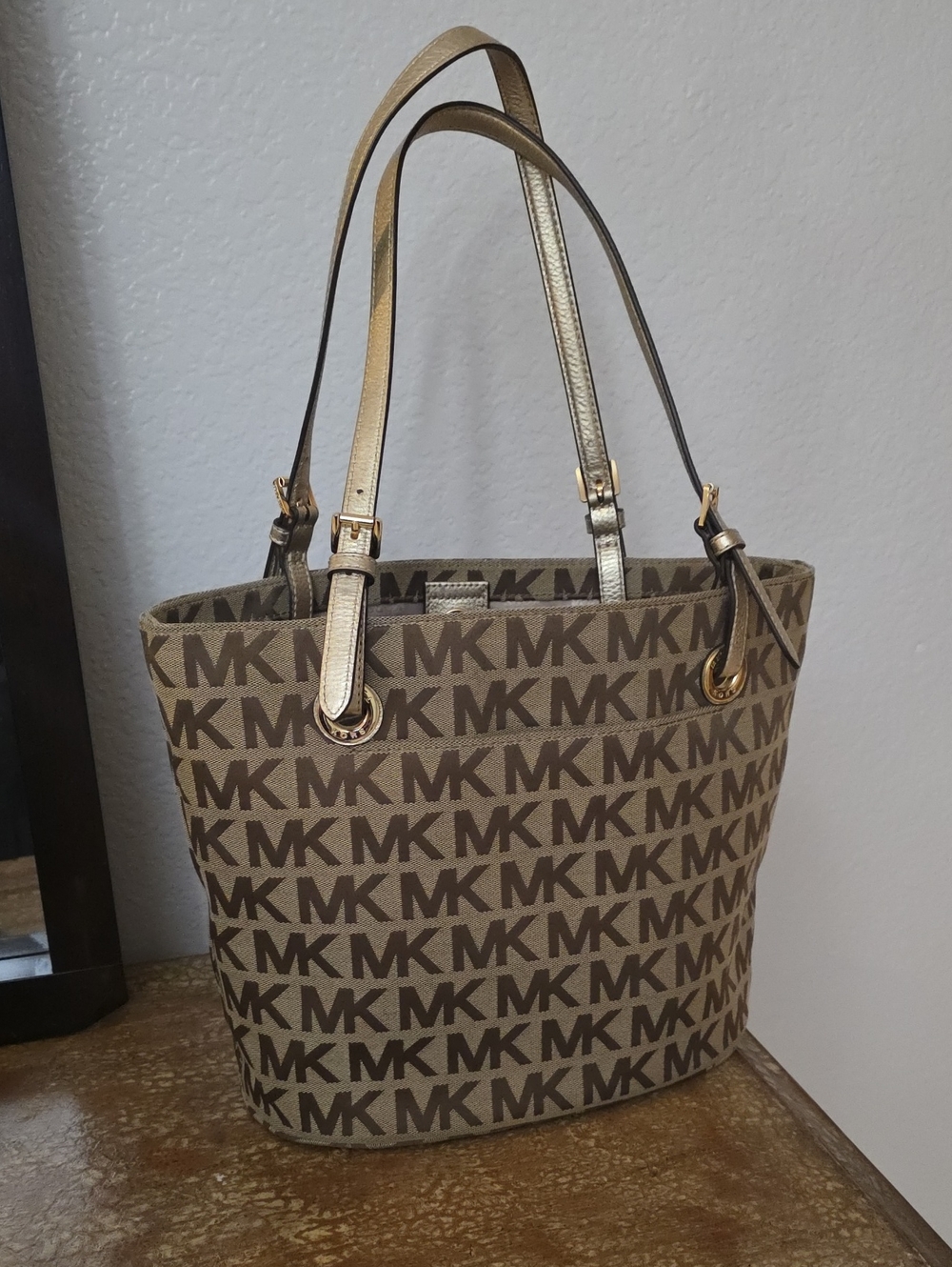 Michael Kors Brown Signature MK Tote with Gold Straps